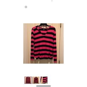 Chaps 100% Cotton Ladies M Pink Navy Spring Weight Stripe Hoodie